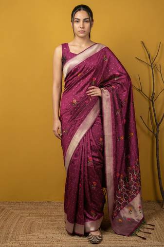 Purple with multicolor accents  woven zari small buti & floral border work  silk blend