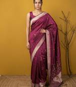 Purple with multicolor accents  woven zari small buti & floral border work  silk blend