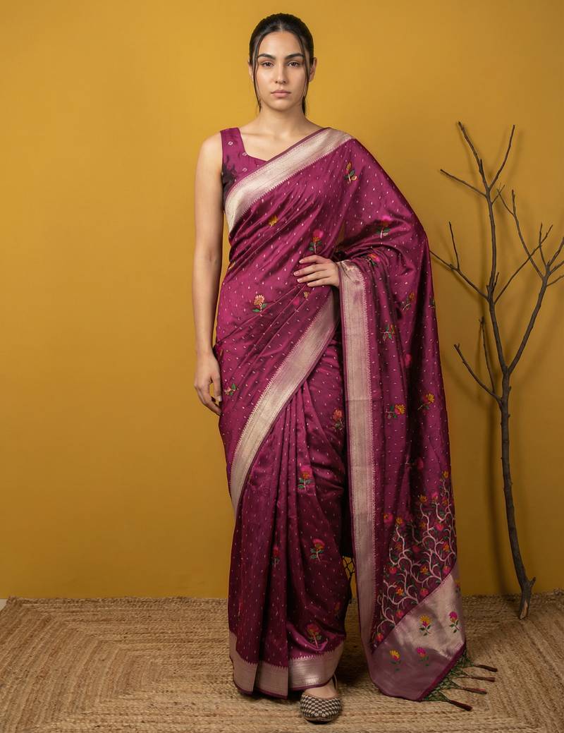 Purple with multicolor accents  woven zari small buti & floral border work  silk blend