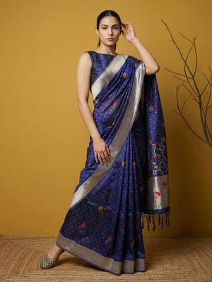 Blue with multicolor accents  woven zari small buti & floral border work  silk blend 3