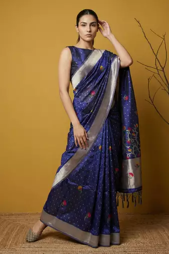 Blue with multicolor accents  woven zari small buti & floral border work  silk blend