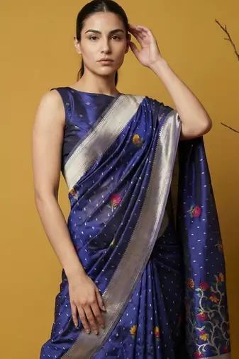 Blue with multicolor accents  woven zari small buti & floral border work  silk blend