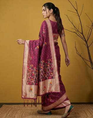 Purple with multicolor accents  woven zari small buti & floral border work  silk blend 2