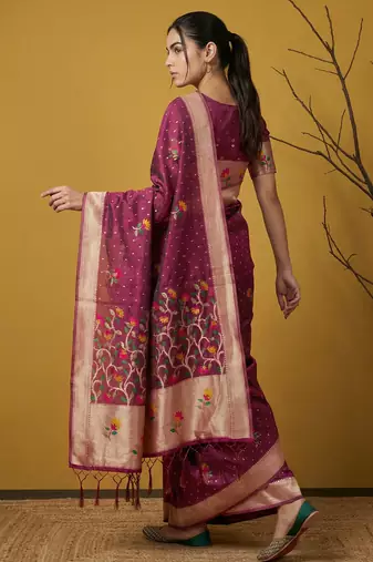 Purple with multicolor accents  woven zari small buti & floral border work  silk blend