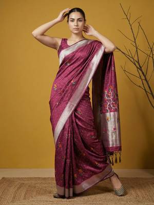 Purple with multicolor accents  woven zari small buti & floral border work  silk blend 3