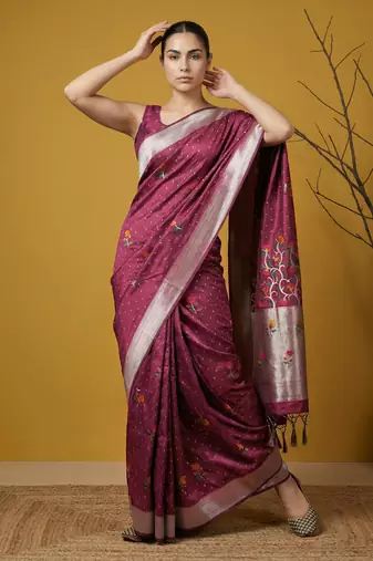 Purple with multicolor accents  woven zari small buti & floral border work  silk blend