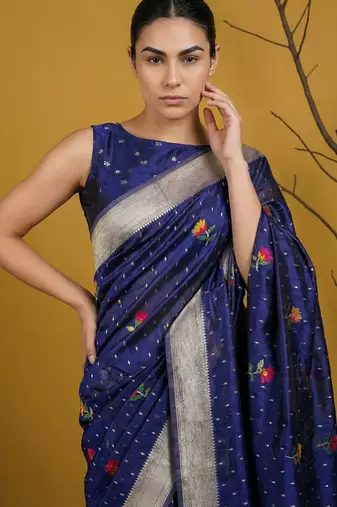Blue with multicolor accents  woven zari small buti & floral border work  silk blend