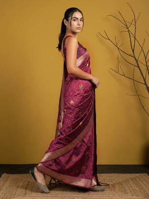 Purple with multicolor accents  woven zari small buti & floral border work  silk blend 4