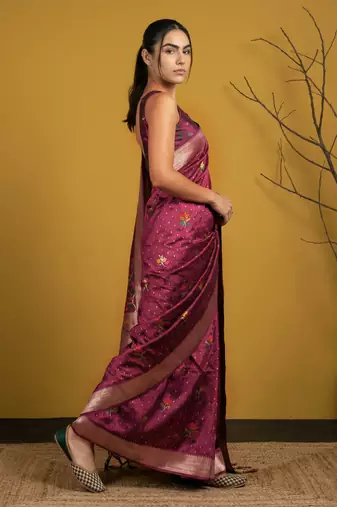 Purple with multicolor accents  woven zari small buti & floral border work  silk blend