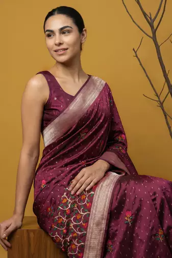 Purple with multicolor accents  woven zari small buti & floral border work  silk blend