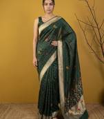 Green with multicolor accents  woven zari small buti & floral border work  silk blend  