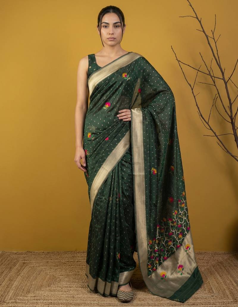 Green with multicolor accents  woven zari small buti & floral border work  silk blend  