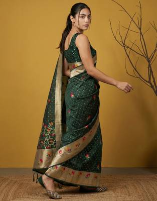Green with multicolor accents  woven zari small buti & floral border work  silk blend   2