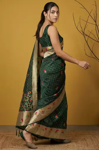 Green with multicolor accents  woven zari small buti & floral border work  silk blend  