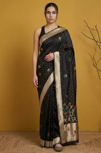 Black with multicolor accents  woven zari small buti & floral border work  silk blend  