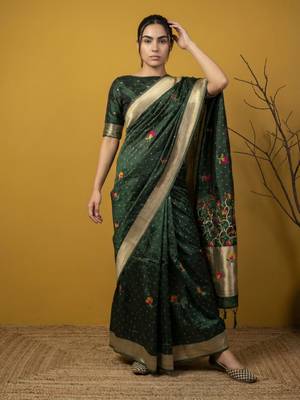 Green with multicolor accents  woven zari small buti & floral border work  silk blend   3