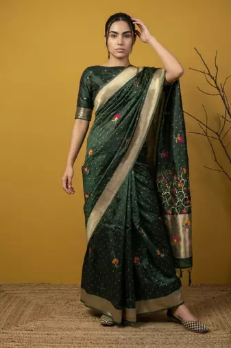 Green with multicolor accents  woven zari small buti & floral border work  silk blend  