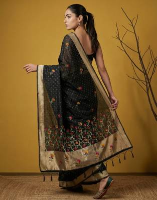 Black with multicolor accents  woven zari small buti & floral border work  silk blend   2