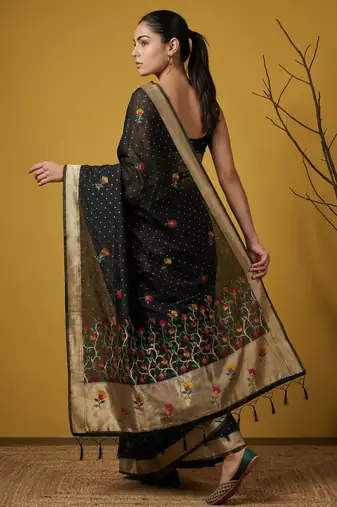 Black with multicolor accents  woven zari small buti & floral border work  silk blend  