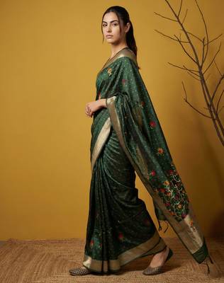 Green with multicolor accents  woven zari small buti & floral border work  silk blend   4