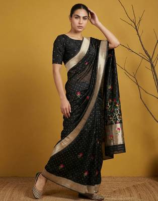 Black with multicolor accents  woven zari small buti & floral border work  silk blend   3