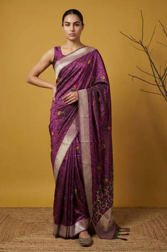 Wine with multicolor accents  woven zari small buti & floral border work  silk blend  