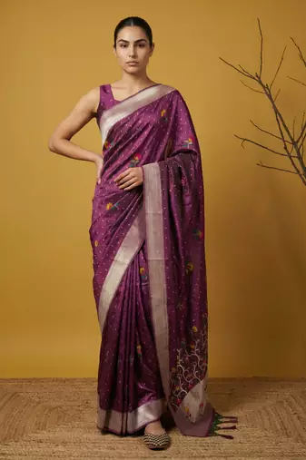 Wine with multicolor accents  woven zari small buti & floral border work  silk blend  