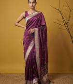 Wine with multicolor accents  woven zari small buti & floral border work  silk blend  