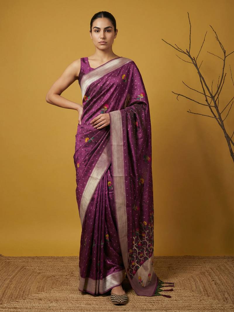 Wine with multicolor accents  woven zari small buti & floral border work  silk blend  