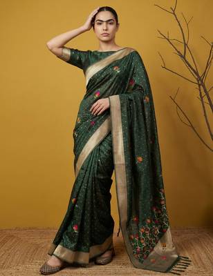 Green with multicolor accents  woven zari small buti & floral border work  silk blend   5