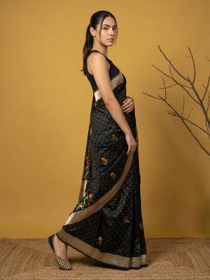 Black with multicolor accents  woven zari small buti & floral border work  silk blend   4