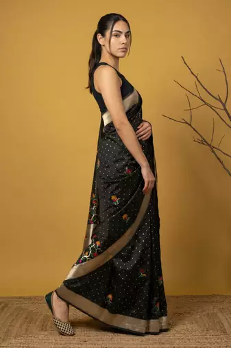 Black with multicolor accents  woven zari small buti & floral border work  silk blend  