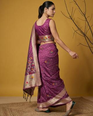 Wine with multicolor accents  woven zari small buti & floral border work  silk blend   2