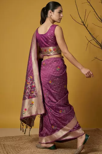 Wine with multicolor accents  woven zari small buti & floral border work  silk blend  