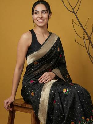 Black with multicolor accents  woven zari small buti & floral border work  silk blend   5