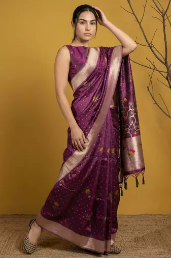 Wine with multicolor accents  woven zari small buti & floral border work  silk blend  