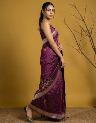 Wine with multicolor accents  woven zari small buti & floral border work  silk blend   4