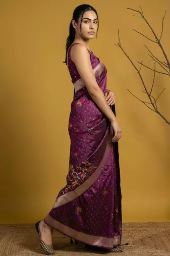 Wine with multicolor accents  woven zari small buti & floral border work  silk blend  