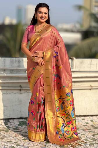 Light rose with multicolor accents  woven zari floral & peacock motifs  silk blend