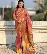 Light rose with multicolor accents  woven zari floral & peacock motifs  silk blend