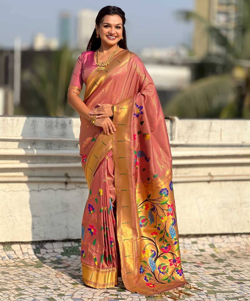 Light rose with multicolor accents  woven zari floral & peacock motifs  silk blend