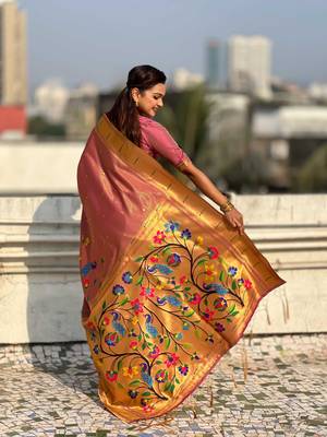 Light rose with multicolor accents  woven zari floral & peacock motifs  silk blend 2