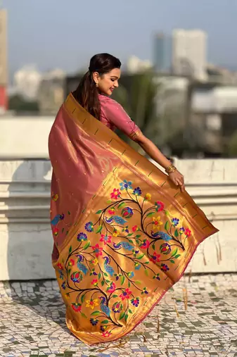Light rose with multicolor accents  woven zari floral & peacock motifs  silk blend