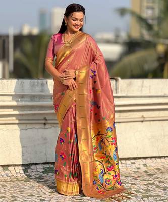 Light rose with multicolor accents  woven zari floral & peacock motifs  silk blend 3