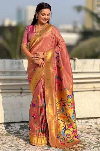 Light rose with multicolor accents  woven zari floral & peacock motifs  silk blend