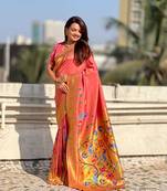 Pink with multicolor accents  woven zari floral & peacock motifs  silk blend  