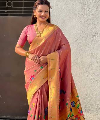 Light rose with multicolor accents  woven zari floral & peacock motifs  silk blend 5