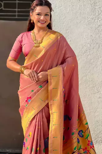 Light rose with multicolor accents  woven zari floral & peacock motifs  silk blend