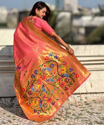 Pink with multicolor accents  woven zari floral & peacock motifs  silk blend   2