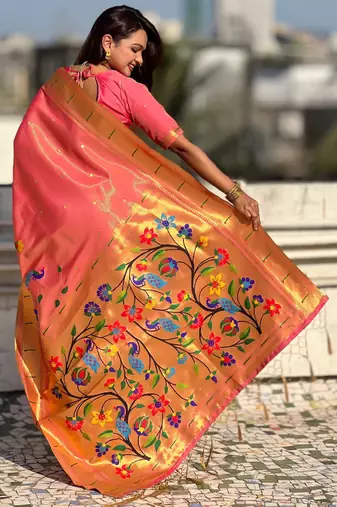 Pink with multicolor accents  woven zari floral & peacock motifs  silk blend  